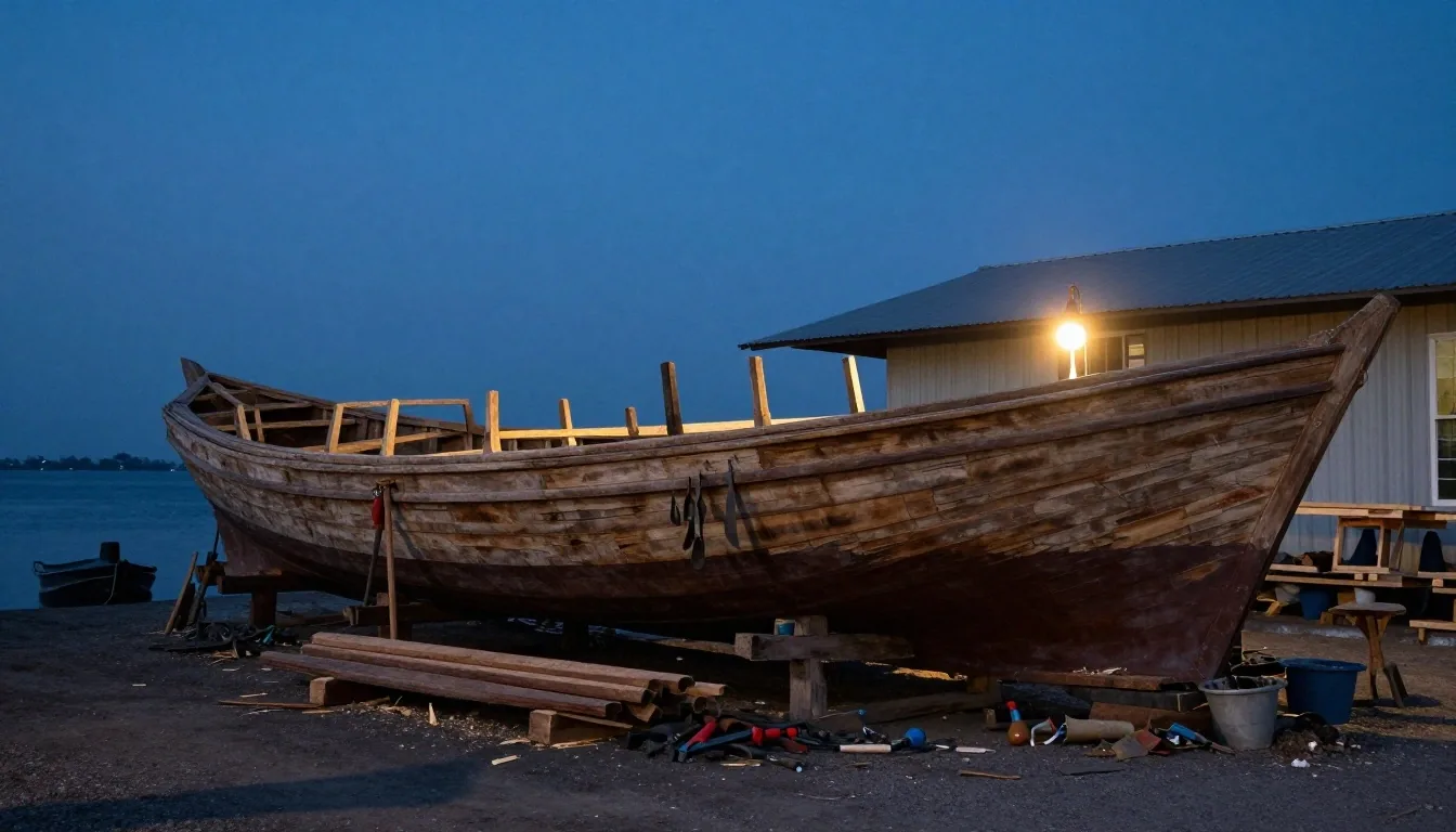 A wooden pinisi hull resting in its timber cradle on a Makassar dock yard in late afternoon light