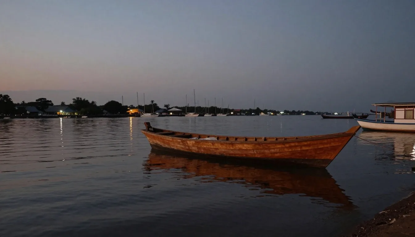 A calm Makassar harbour at the end of the working day with a moored wooden boat