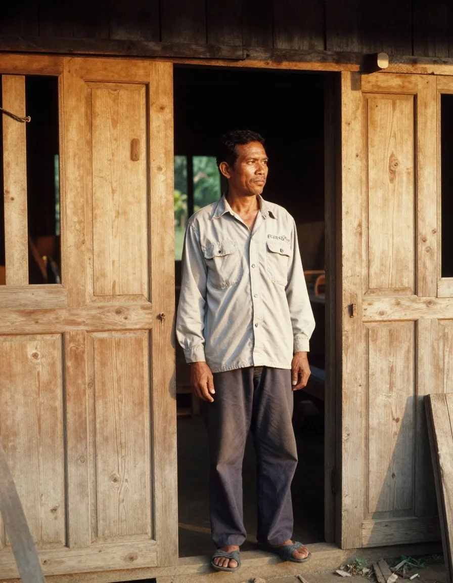 A man standing at ease in a timber workshop doorway in late-day light