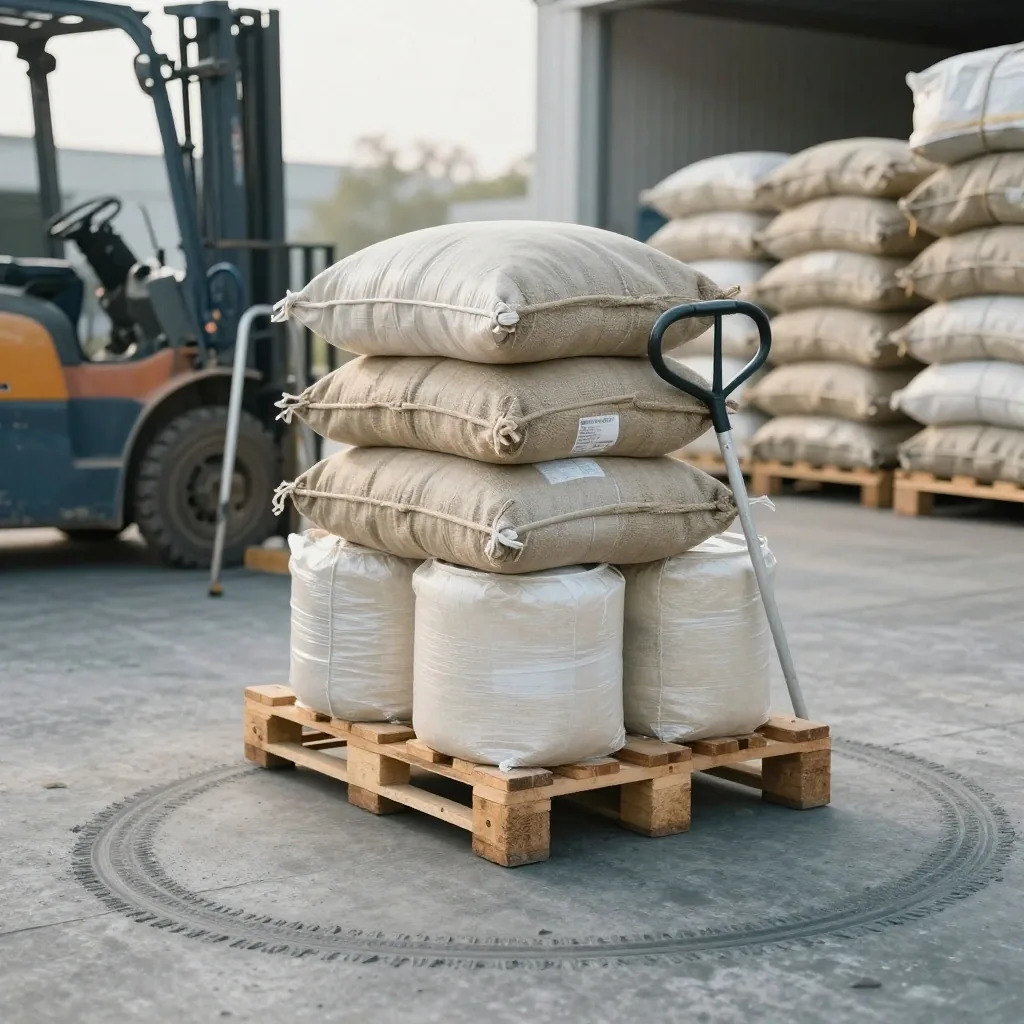 Sealed drums and sacks of raw material on a pallet in a warehouse loading area