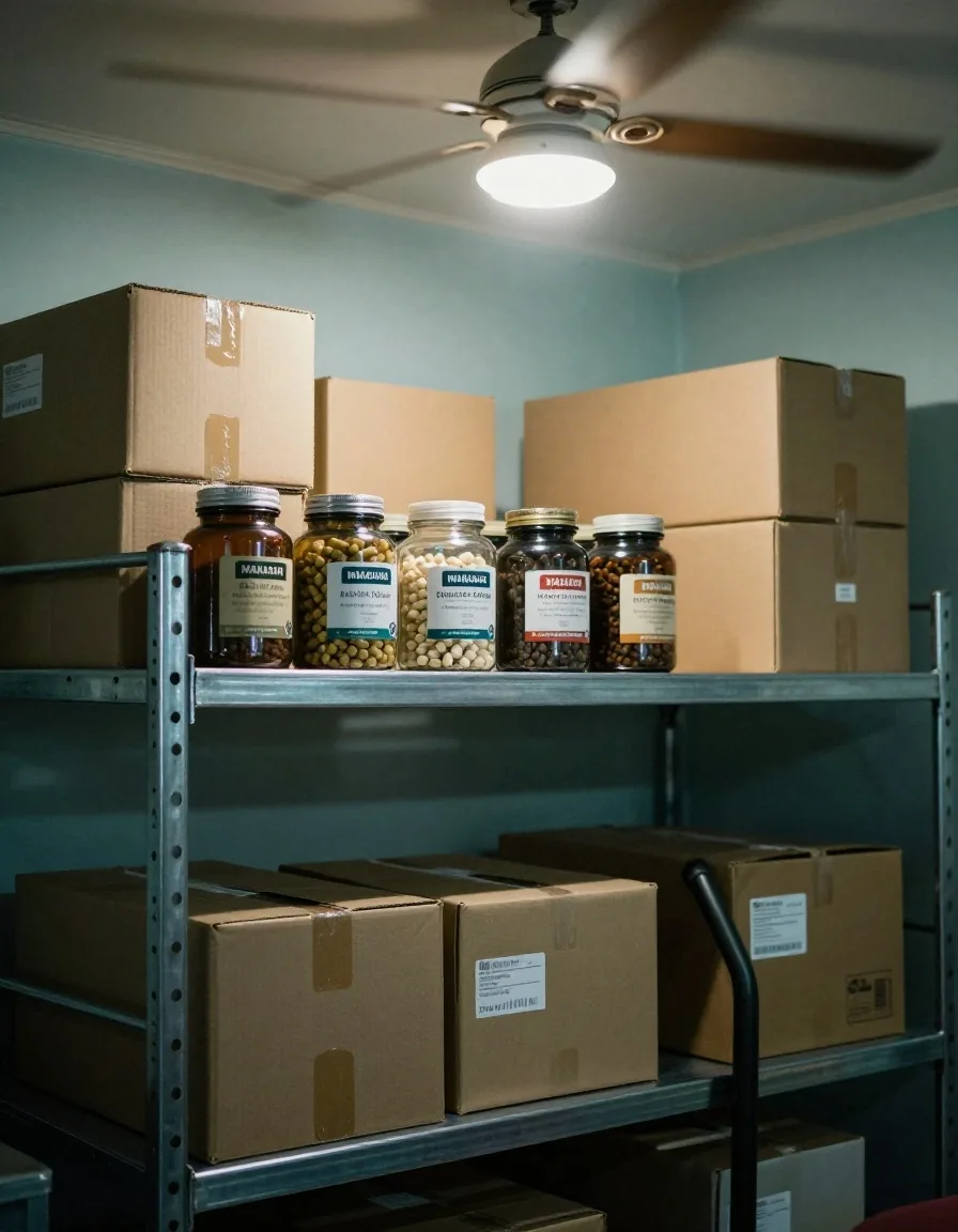 Closed supplement jar and packing materials on the desk at the Kuat Alami office in Makassar