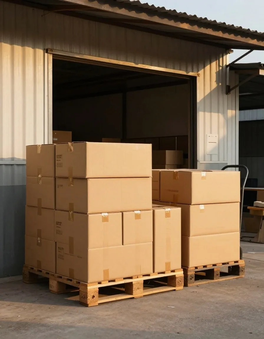 Stacked cartons on pallets at a small distribution yard in Makassar