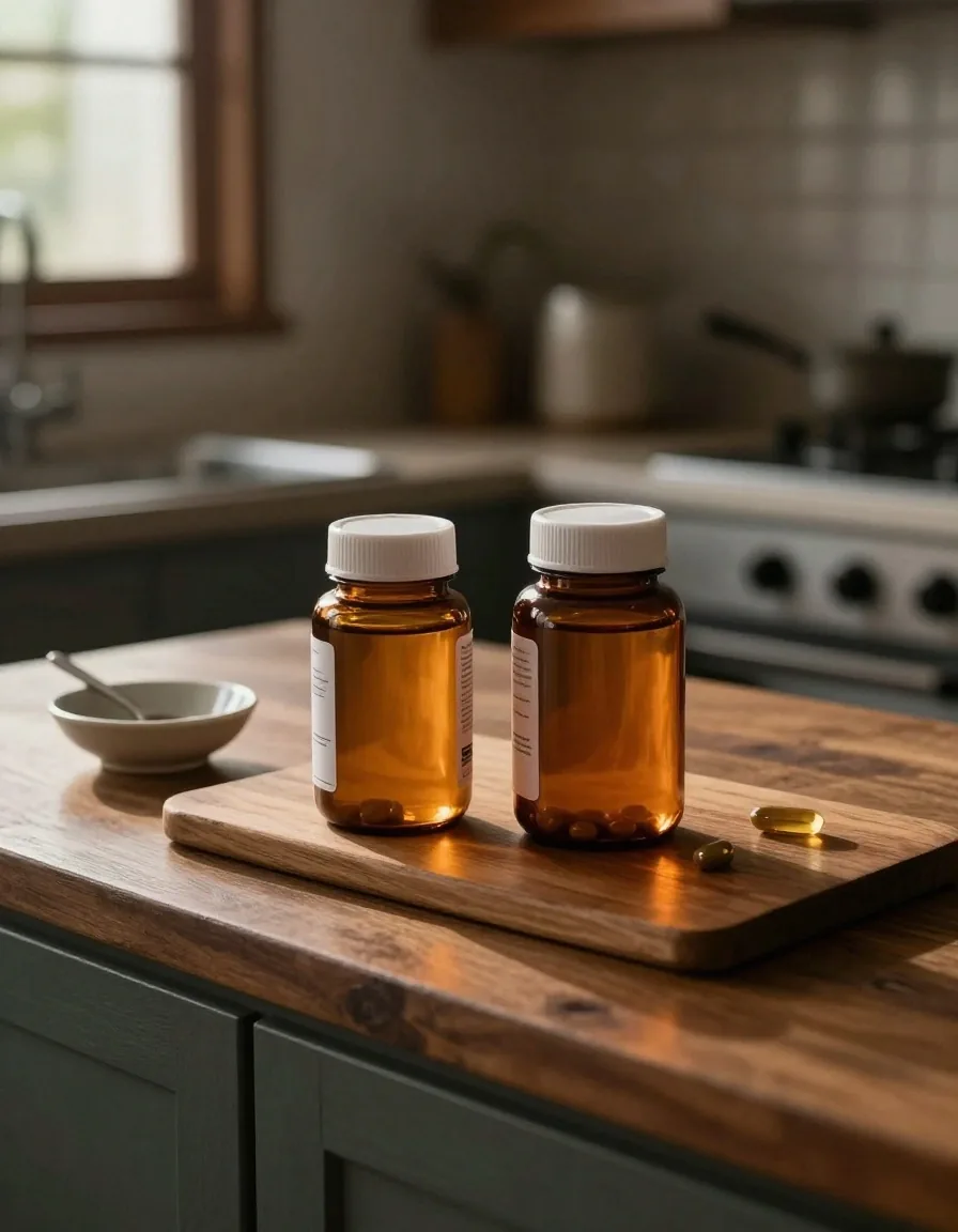 Two unbranded supplement containers set out on a worktop for a label comparison
