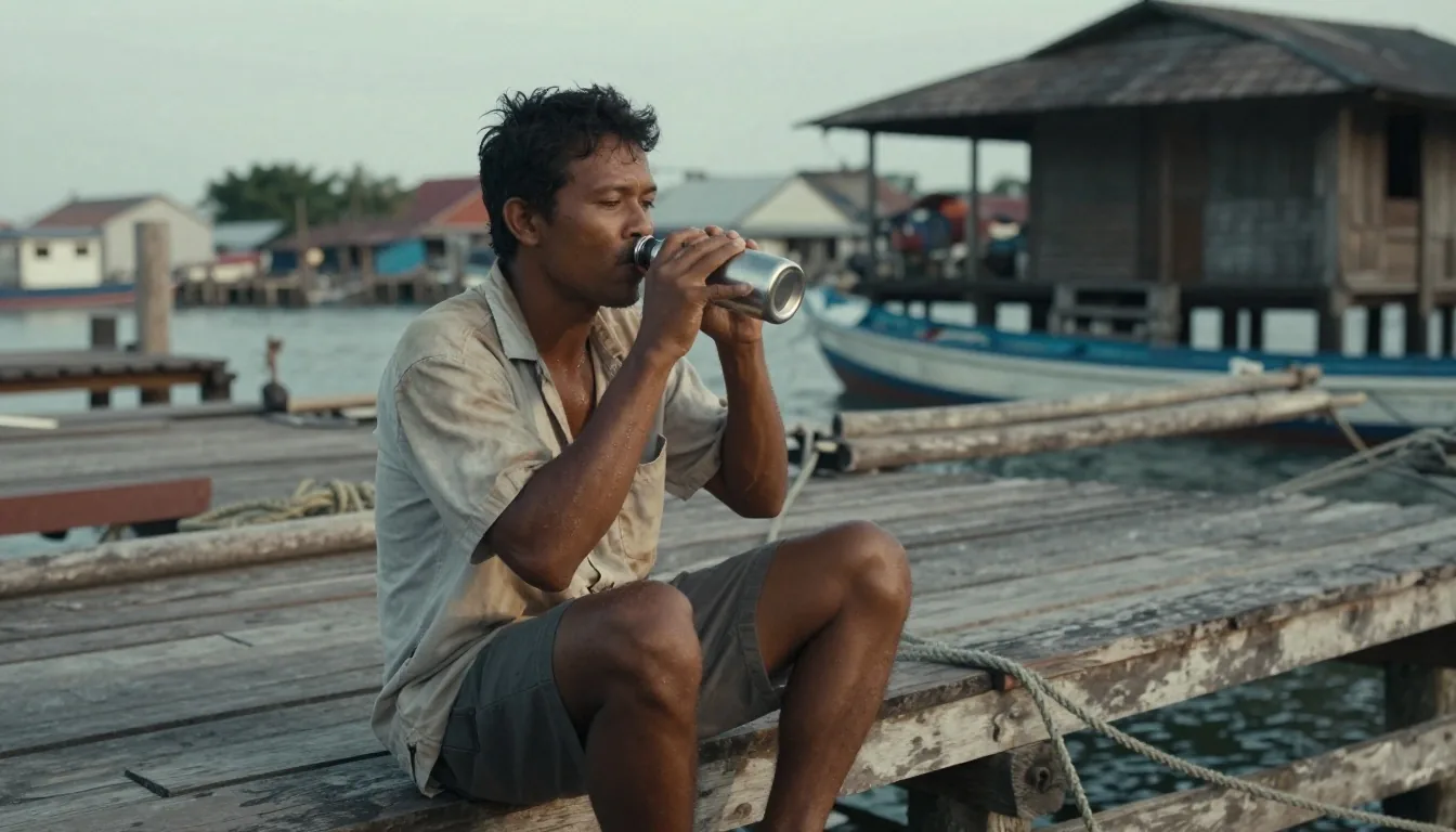 A man resting on a timber pier at a Makassar harbour in late afternoon light, drinking water between tasks