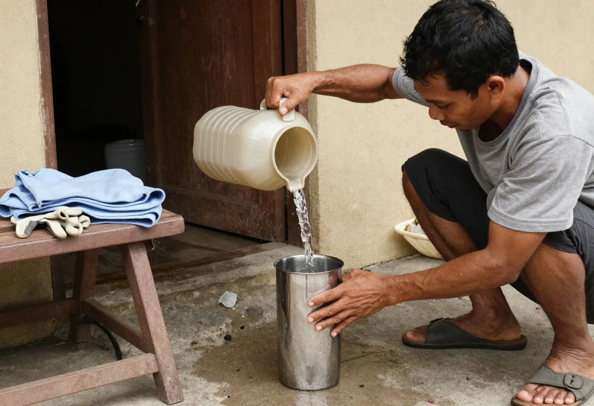 A man refilling a steel water bottle on the back step of a workshop in morning light