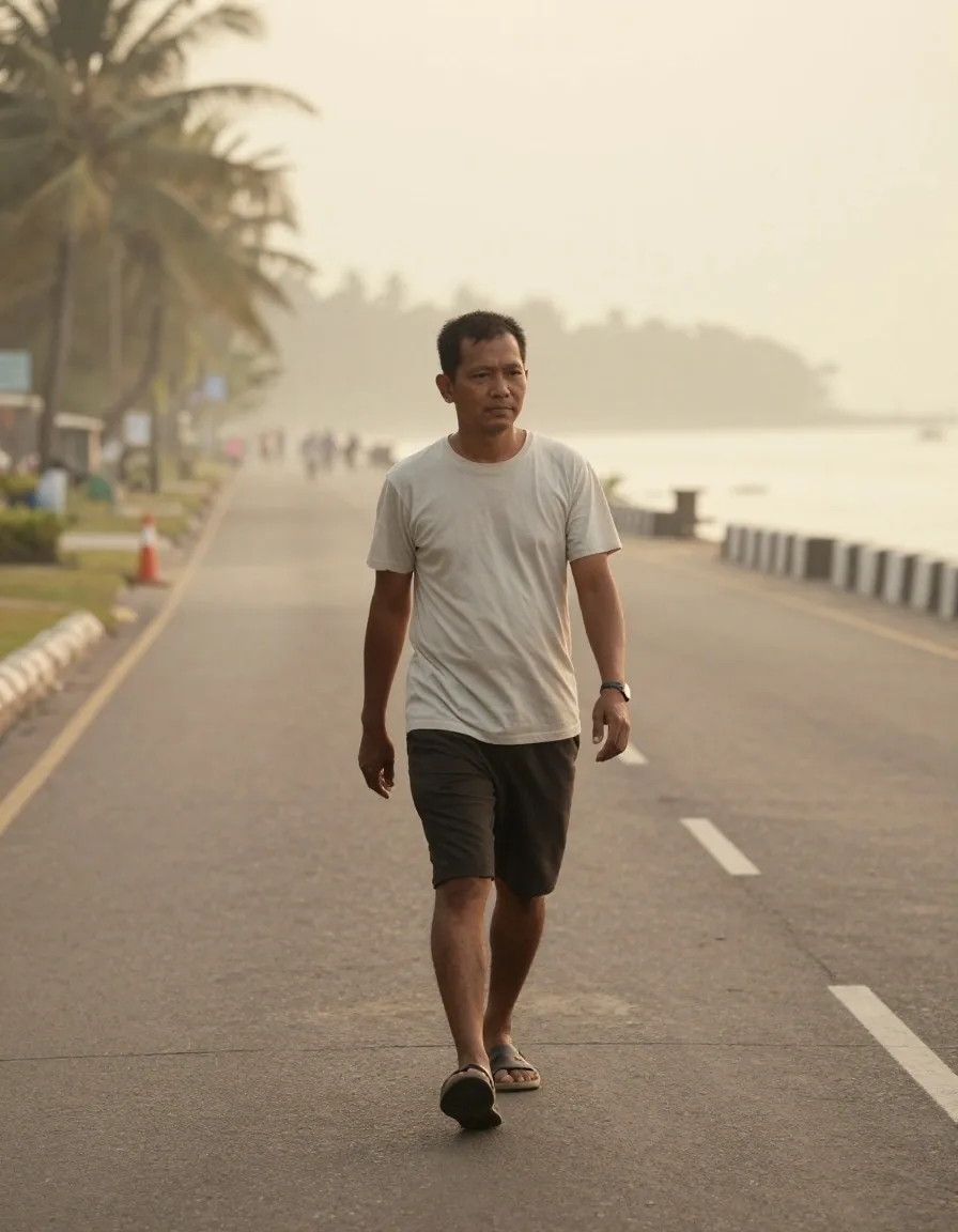 A man walking briskly along a quiet coastal road at dawn in Makassar
