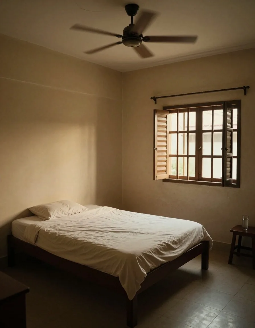 A simple bedroom at dusk with a ceiling fan turning above a neatly made bed and an open slatted window