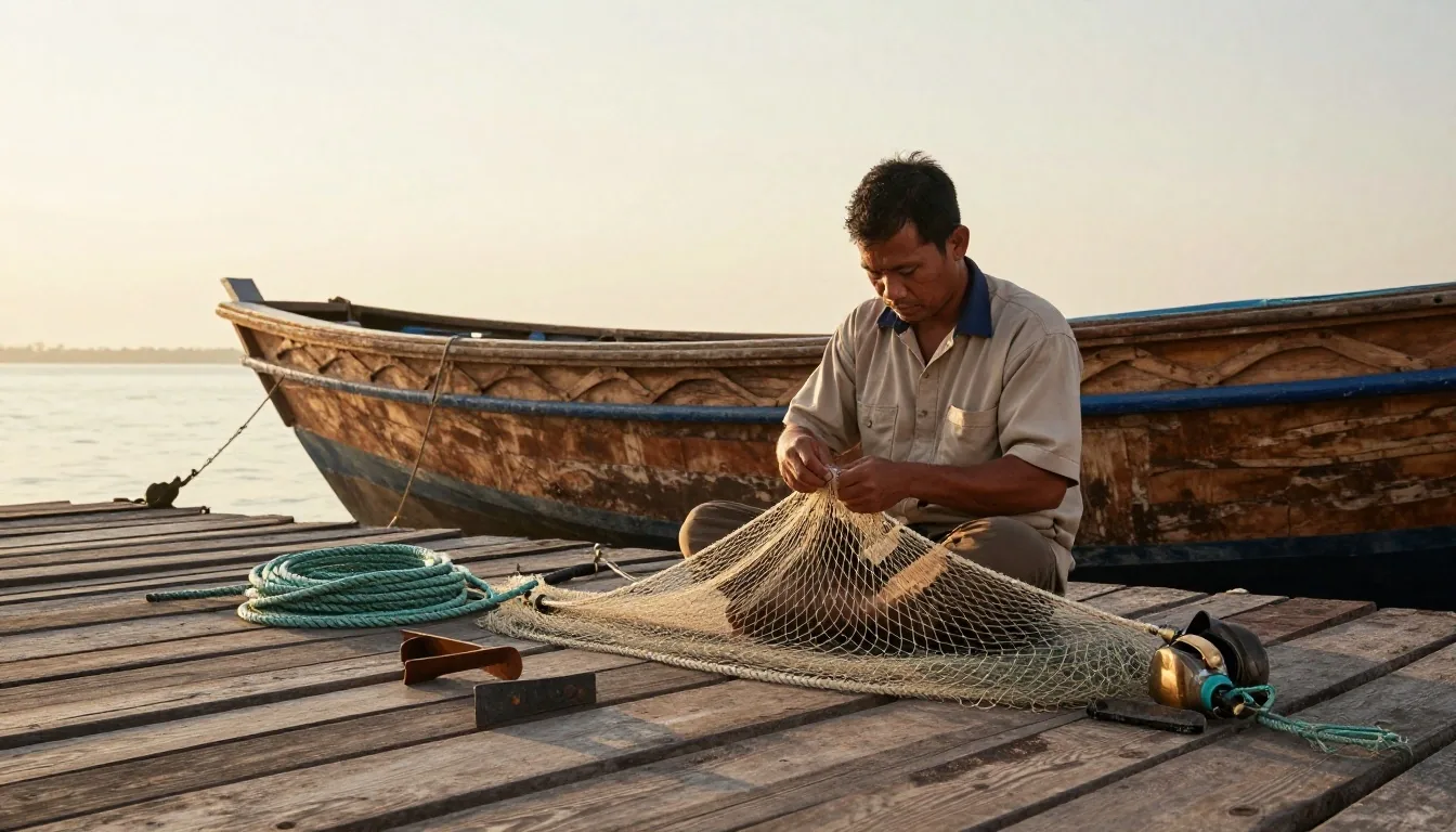 A man crouched on a Makassar dock tying a rope beside a timber boat hull in its cradle during late-afternoon light
