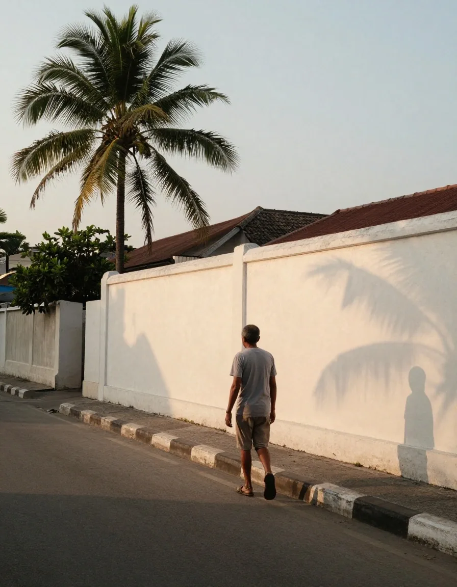 A man in plain shorts and t-shirt walking along a quiet Makassar roadside at dawn