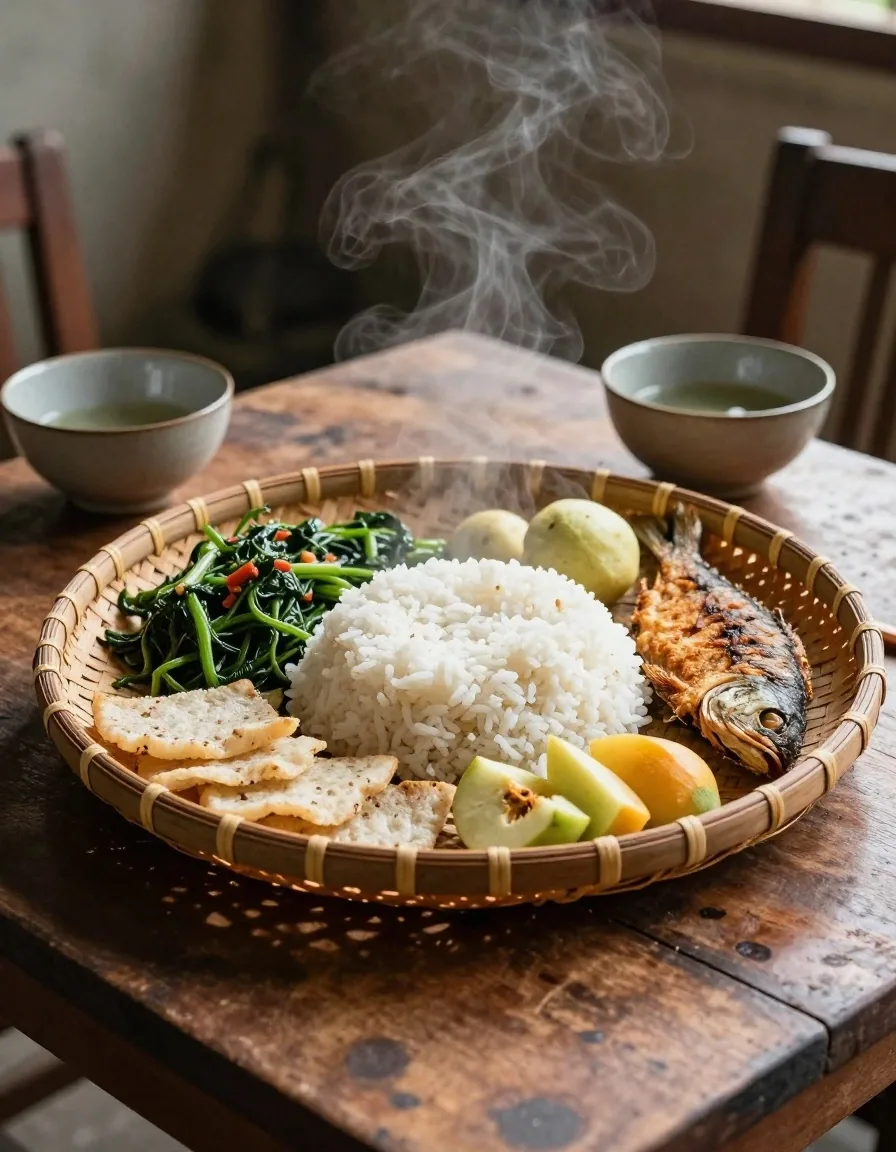 An everyday Indonesian weekday meal of rice, greens, grilled fish, tempeh and cut fruit arranged on a dark wooden table