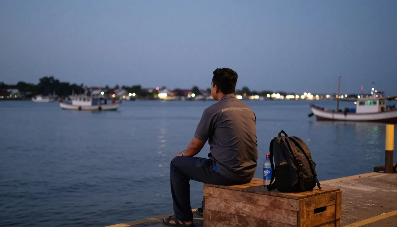 A man in work clothes walking along a Makassar pier at the end of the day