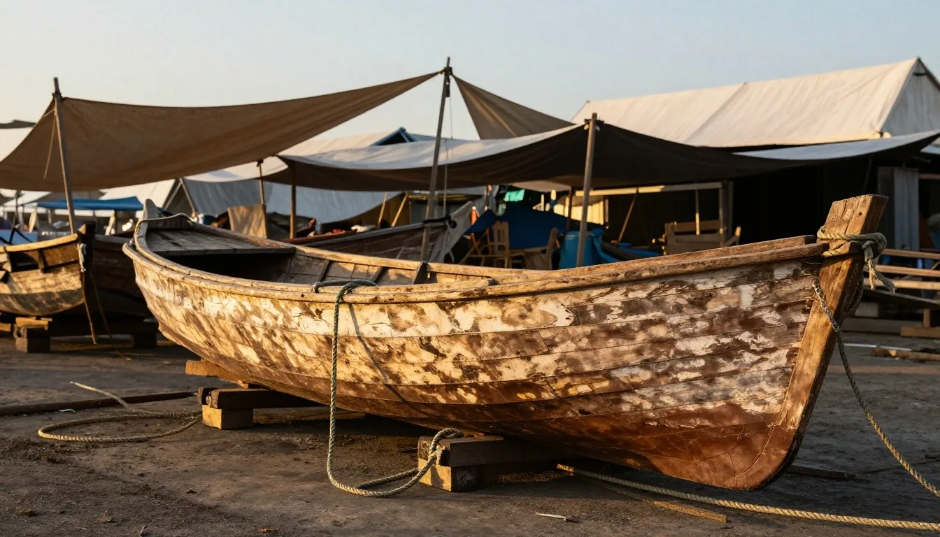 A wooden boat hull resting in a timber dry-dock cradle on a Makassar quay in late afternoon light