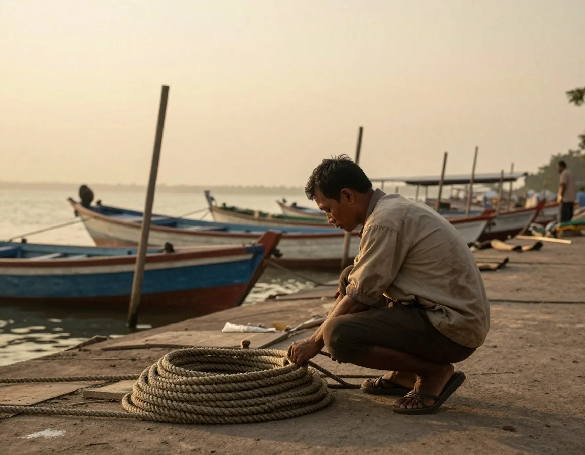 A man crouching to check a mooring line on a working quayside in late afternoon