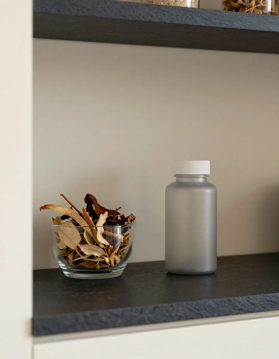 Dried botanical pieces in a glass dish beside a plain capsule bottle on dark slate