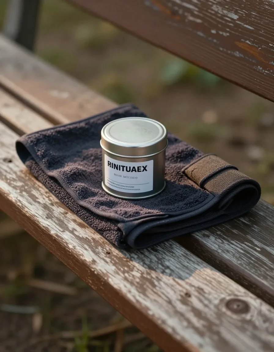Folded gym towel, wrist wrap and a plain tin arranged on sun-bleached wooden planks