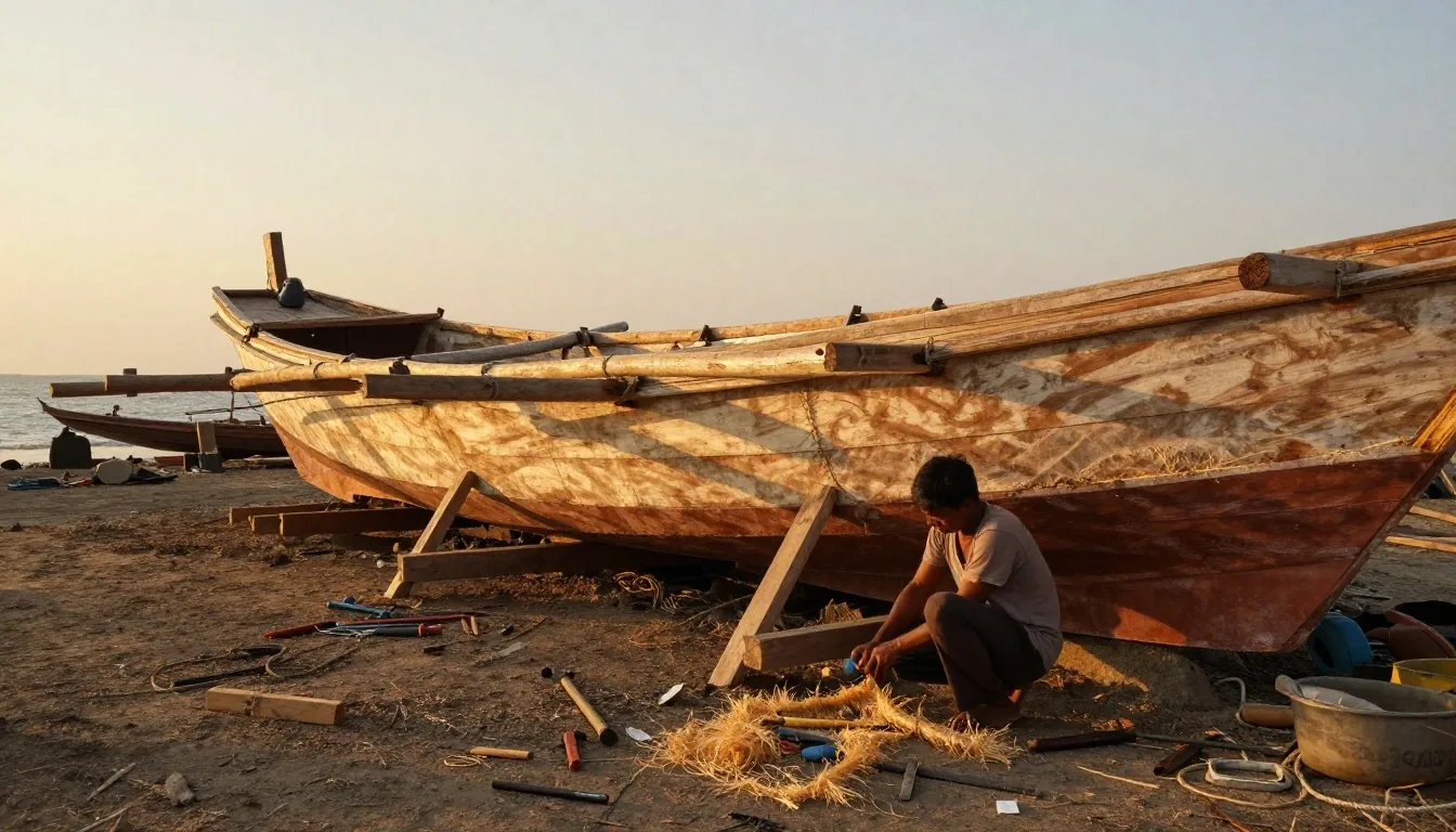 A wooden pinisi hull held in its timber cradle on the dry dock at Makassar in late afternoon light