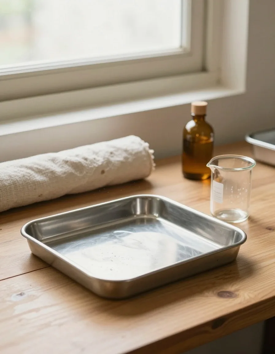 A clean workshop bench with an empty steel tray and beaker
