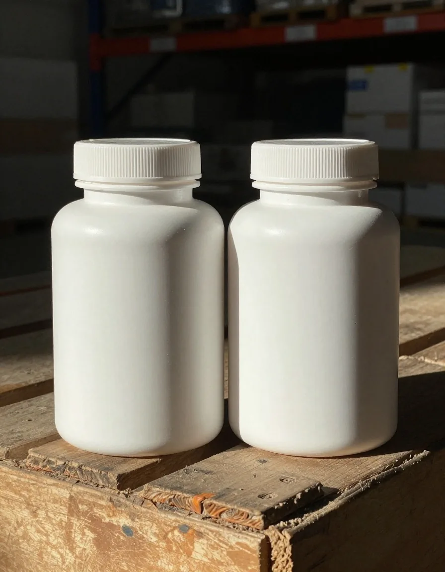 Two unbranded supplement bottles side by side on a crate, being compared
