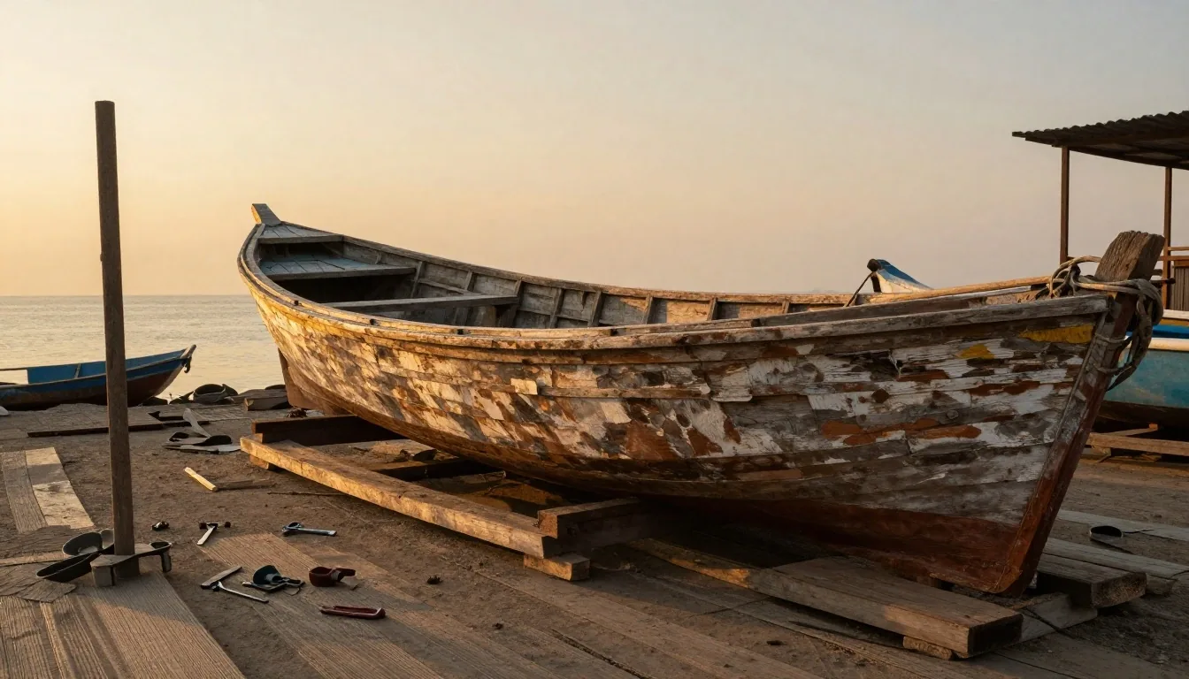 A wooden hull resting in its timber cradle at a Makassar dry dock in late afternoon light