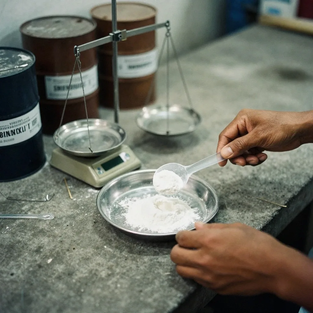 A hand holding a scoop of white powder over a stainless tray beside a balance scale in a warehouse
