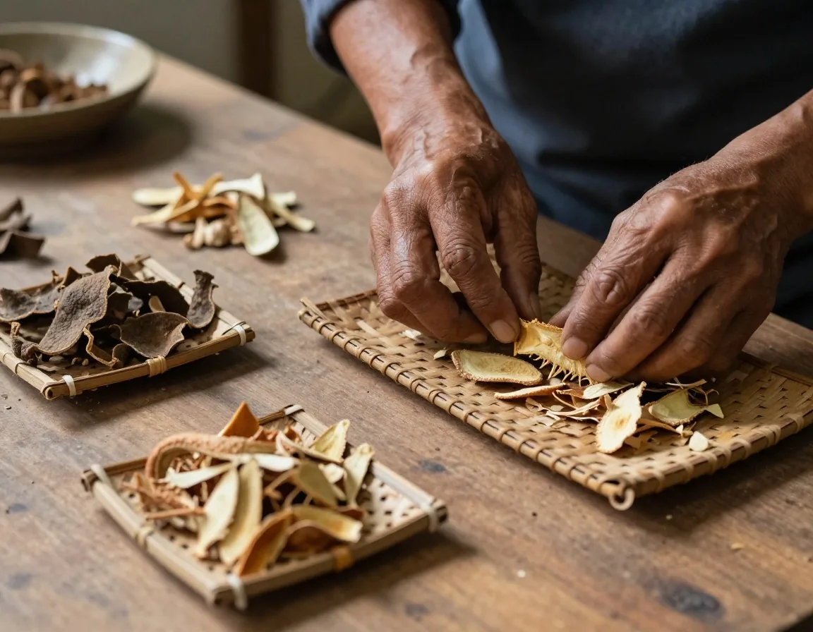 A man's hands sorting dried plant pieces into woven trays in an Indonesian herbal workshop
