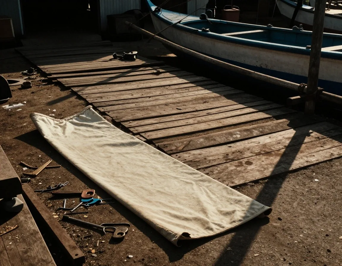 A wooden pinisi hull resting in its timber cradle on a Makassar quay at late afternoon