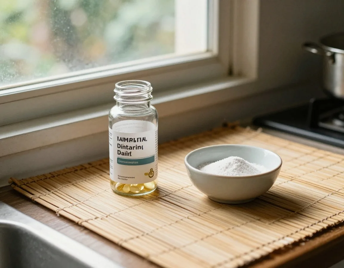 Clear supplement bottle with plain capsules and a dish of nutrient powder on a wooden workbench