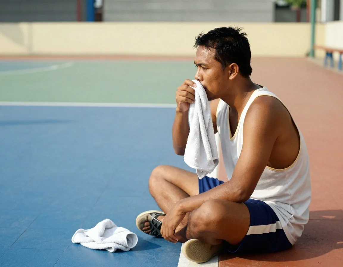 Man resting on a futsal court edge drinking water with a closed pill organiser beside him