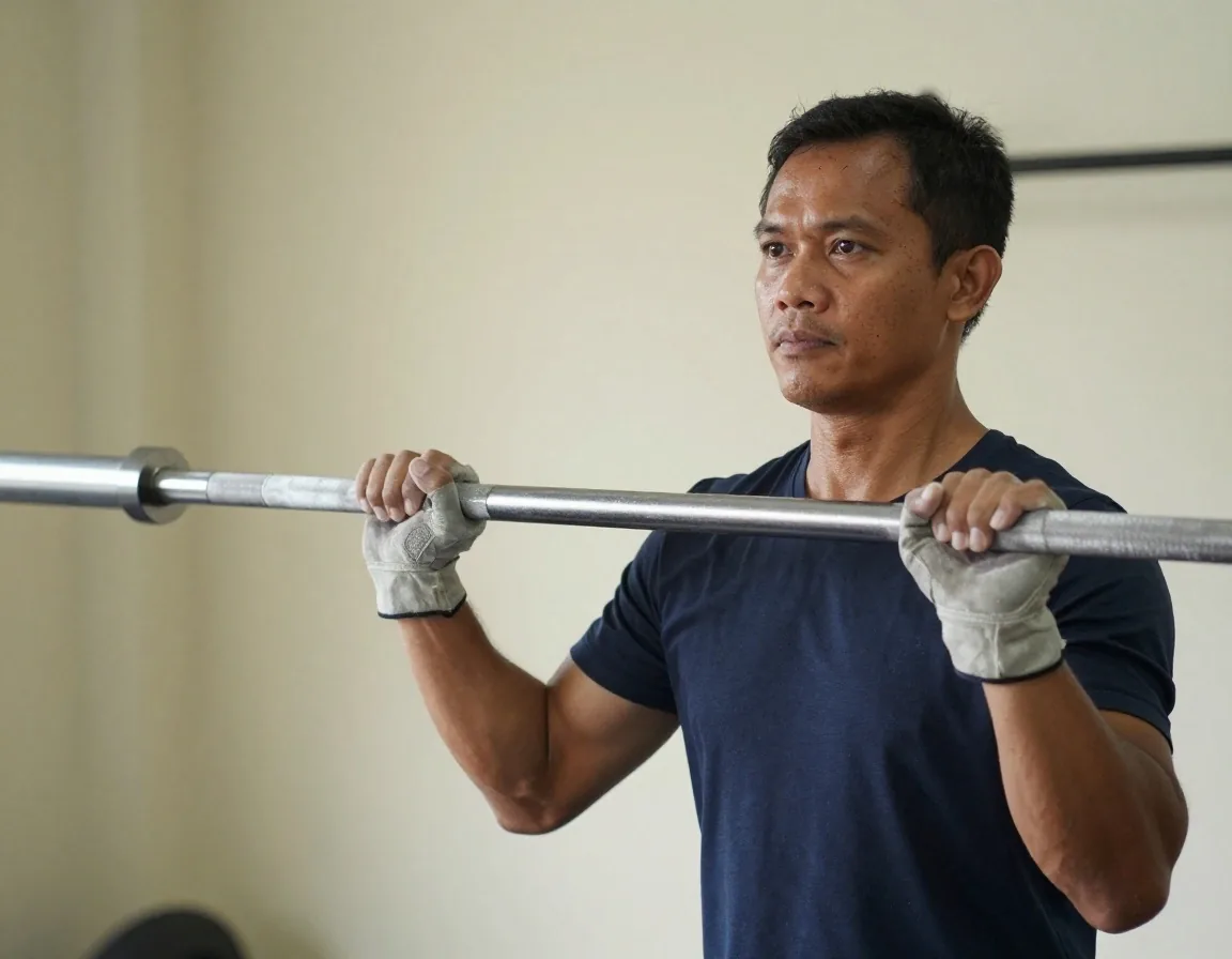Man in his forties resting his grip on a steel barbell between sets in a simple gym