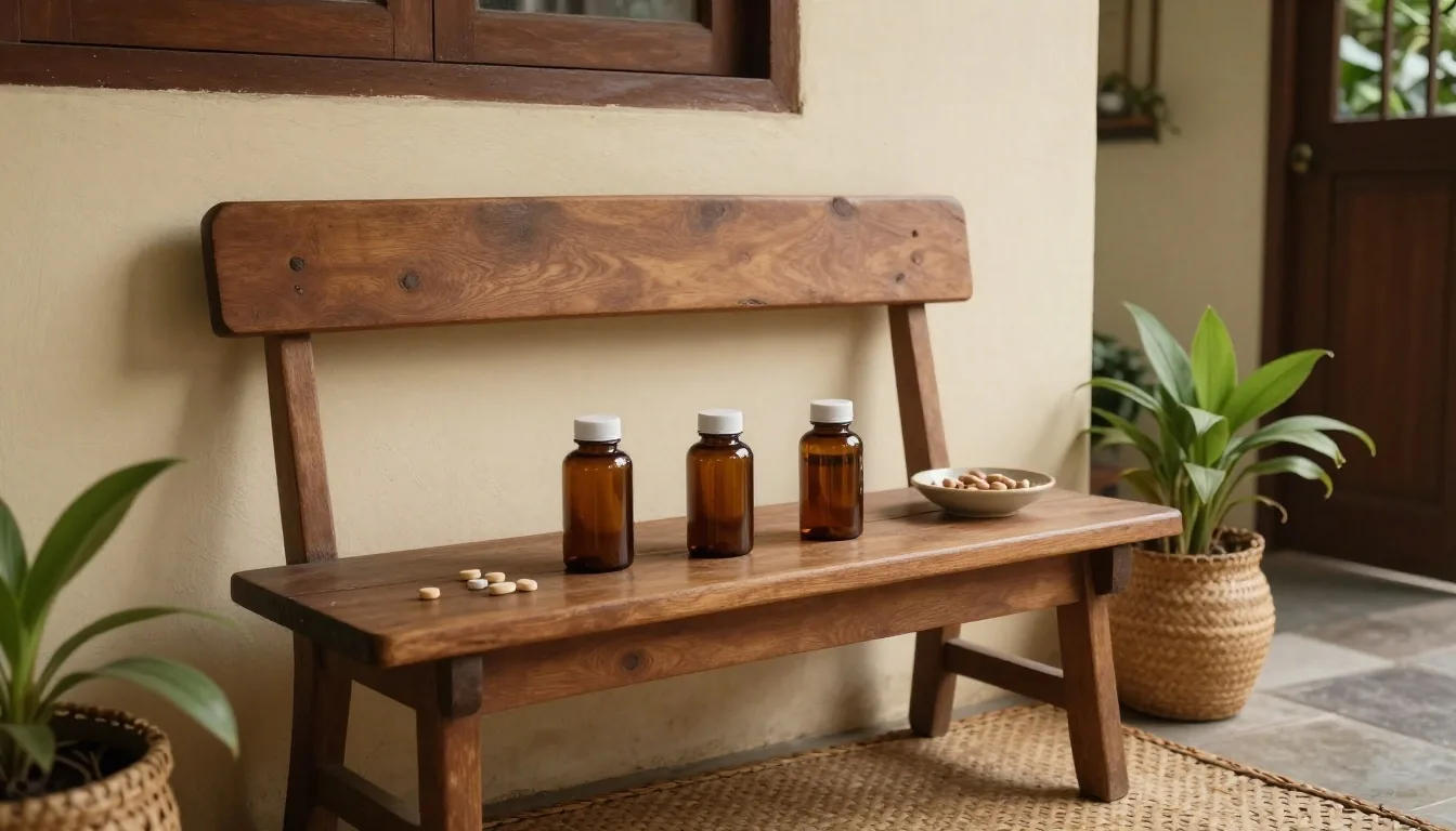 Unbranded supplement bottles, capsules and tablets arranged on a work table in a Makassar workshop yard