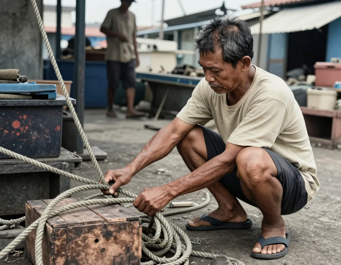 Worker crouching to lift a coiled rope with one hand braced on a timber crate in a harbour workshop