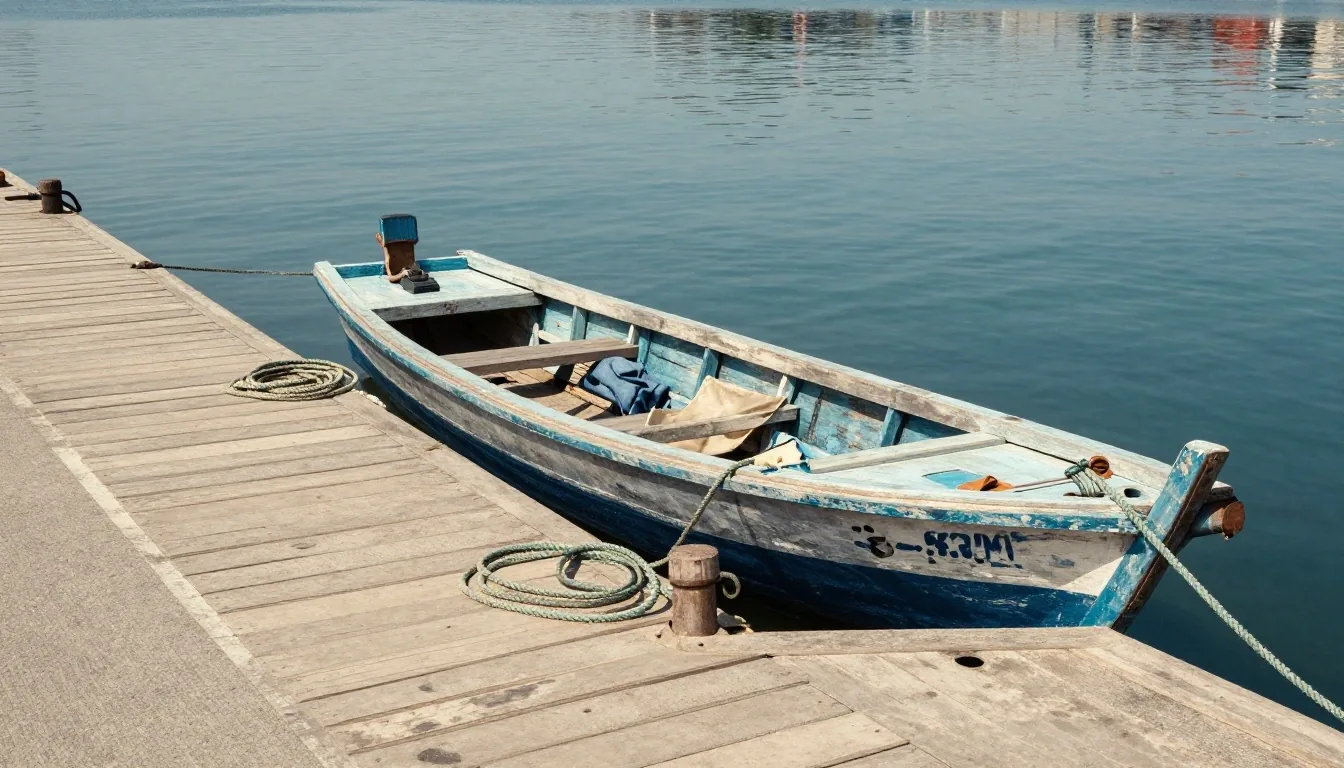 A timber boat cradle on the quay at a Makassar dry dock in late afternoon light