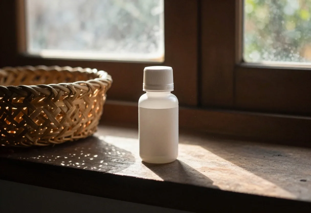 Hands closing a plain amber capsule bottle on a timber workbench in late afternoon light