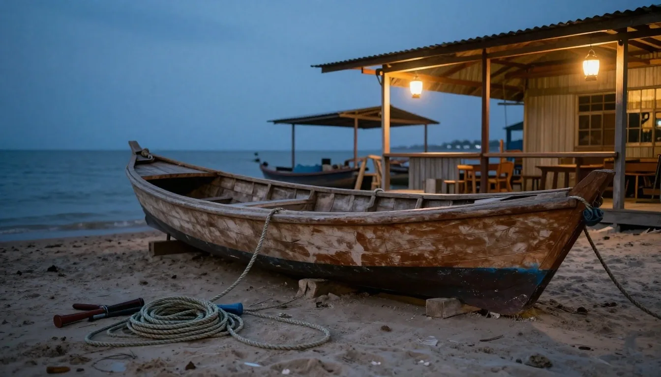 A wooden boat hull held in its timber cradle on the dry sand of a Makassar dockyard in late afternoon light