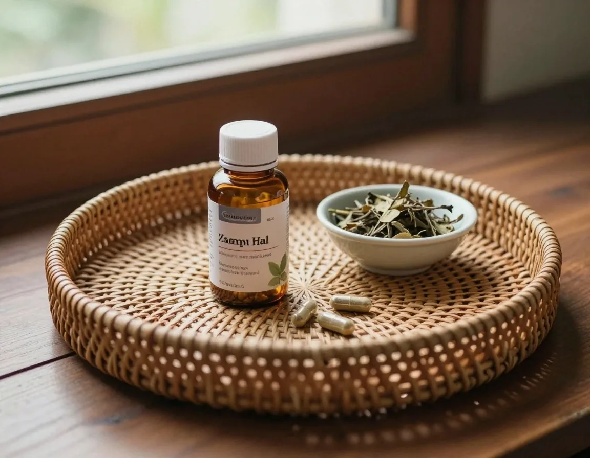 An unbranded supplement bottle and loose natural capsules set on a workshop table in natural side light